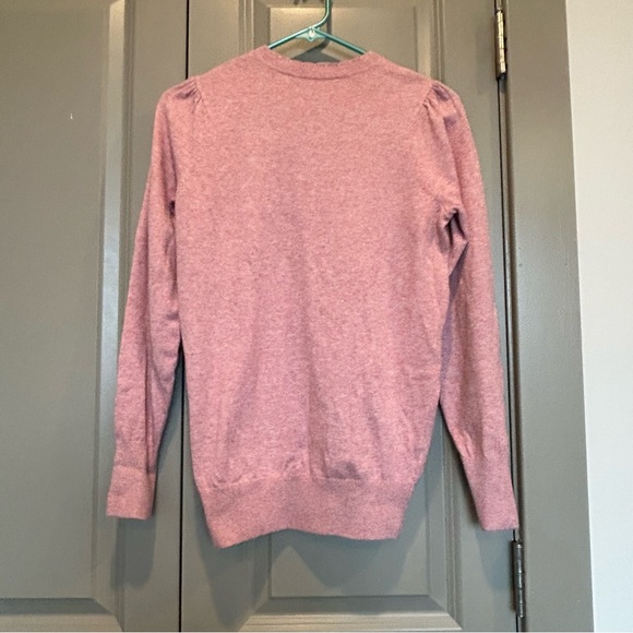 Loft Petite Small Pink Puff Sleeve Scalloped Henley Sweater with Gold Buttons - Picture 2 of 6